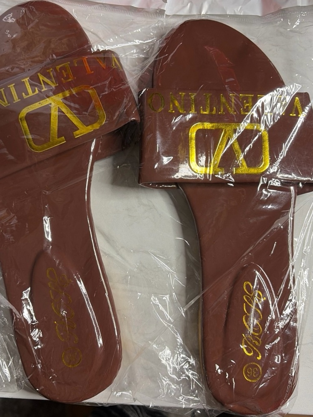Women’s Slide Sandals in Brown with Gold Logo